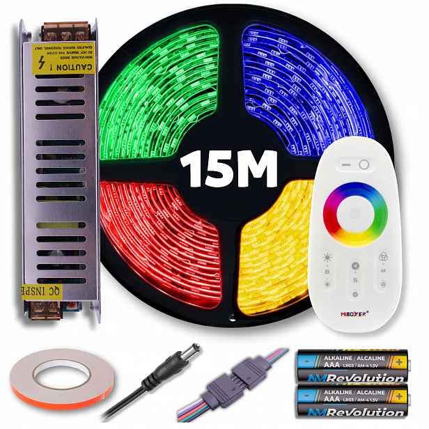 Set Led pásek Rgb barevný teplý bílý s dálkovým ovládáním a napájecím zdrojem 15M 12V