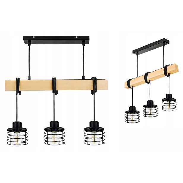 Dřevěná závěsná stropní lampa Lustr Zwis Loft Černý Drát 3xE27
