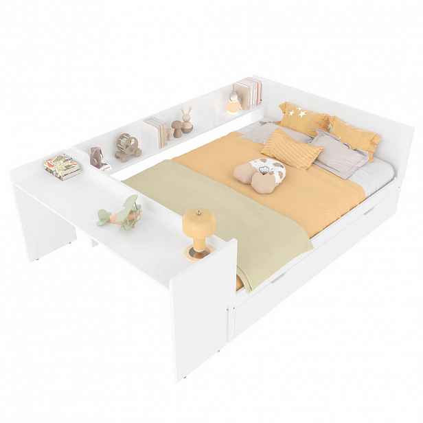 CHICFURN POSTEL 140/200 cm & 90/190 cm v bílé barvě s psacím stolem a výsuvným lůžkem