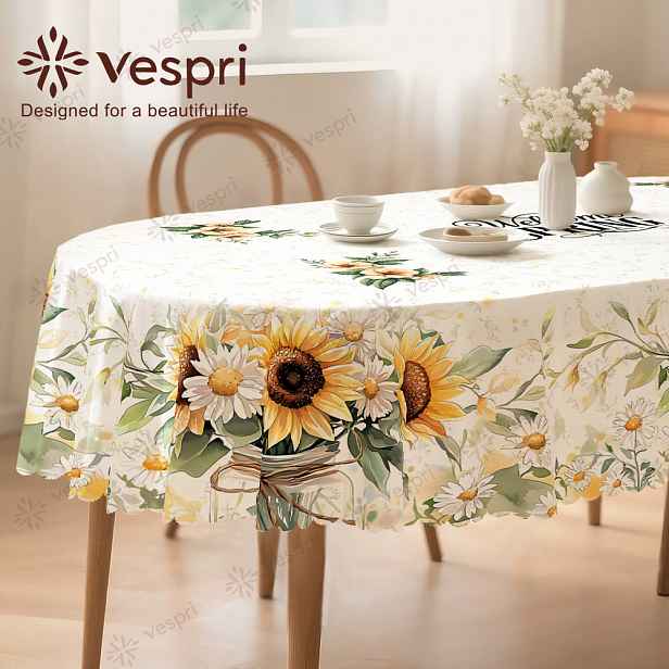 TEMU Jarní Venkovský Styl Dřevěný Ubrus, Bílá a Žlutá Dekorace, Slunečnice a Zelený List, Tradiční Design, Kulatý, Obdélníkový, Oválný, Vhodný pro a