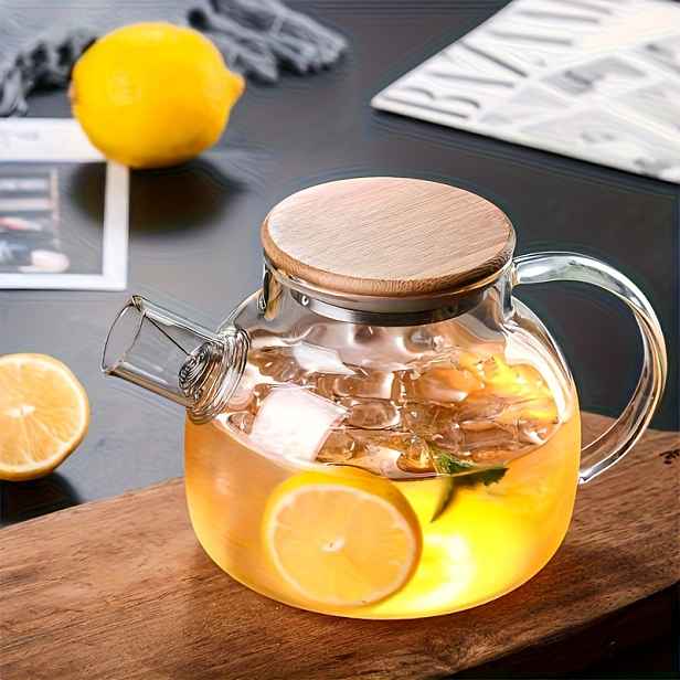 TEMU Zesílená skleněná konvice, 1000ml skleněný čajník, filtrovaná skleněná květinová konvice, džbán na džus, džbán na studenou vodu, žáruvzdorný