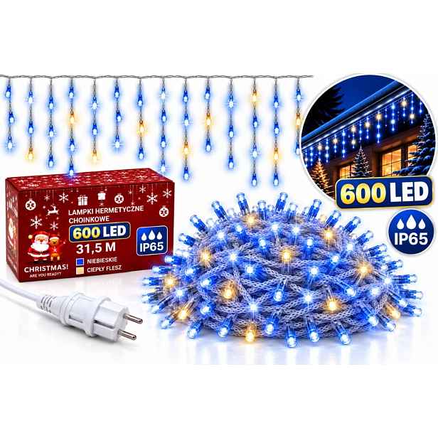 Vánoční Osvětlení Rampouchy 600 Led 31,5 M Modré Teplý Bílý Blesk