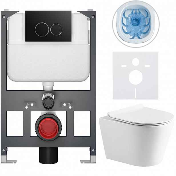 Kompletní WC set Basic/Carlito - bílá lesklá - WC tlačítko Dualo/Černá - závěsné - nízký modul - předstěnová instalace - 48,5x36,5 cm