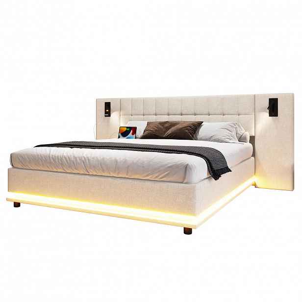 Redom ČALOUNĚNÁ postel 180/200 cm s LED osvětlením, čtecím bodovým světlem a USB portem, bez matrace, Béžová