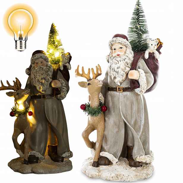 Vánoční ozdoba figurka Mikuláše se sobem a Led vánočním stromkem 29 Cm Dárek