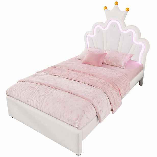 CHICFURN DĚTSKÁ POSTEL 90/200 cm v bílé barvě s LED osvětlením a 2 zásuvkami z PU