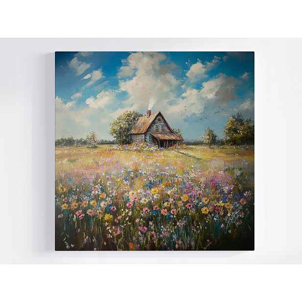 Obraz Na Plátně Plátno Krajina Vesnice Dům Chata Louka Květy Jaro 50x50