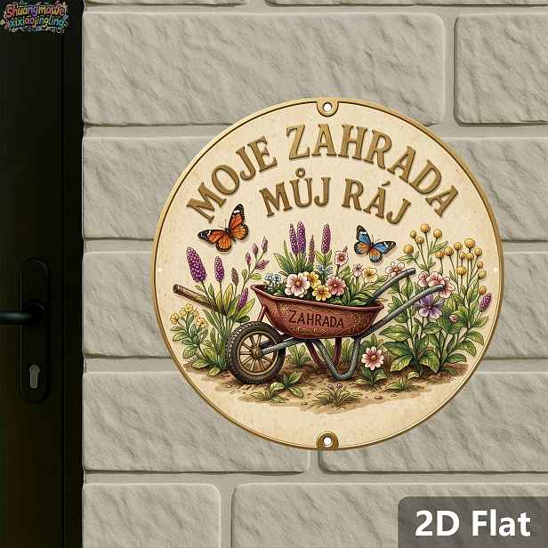 TEMU 2D Plochá, 2D Plochá - 2D Plochá Hliníková Cedule s Vintage Zahradním Designem s Kulatým Květinovým Vozíkem, Ozdobená Květinami a Motýly,