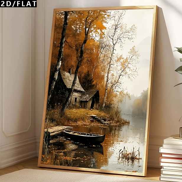 TEMU 2D Plochý 1ks Podzimní Padající Javorové , Retro Styl Realistické Olejomalby, na Plátně, Nástěnná Umělecká Dekorace, Malý Dům u Řeky, Tištěný