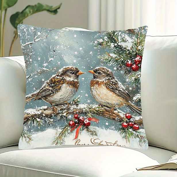 TEMU Veselé Vánoce Ptáci ve Sněhu 18x18" Měkký Plyšový Potah na Polštář - Oboustranný, na Zip, Pratelný v Pračce pro Dekoraci Pohovky & Ložnice