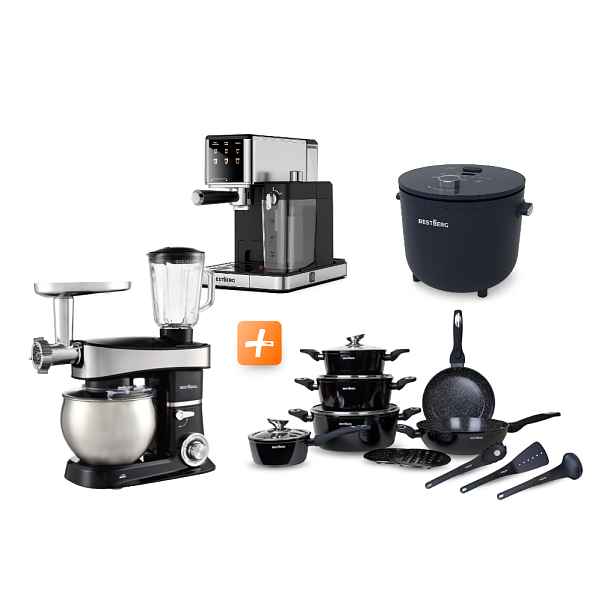 MEGAKOMBO Kuchyňský robot BestBerg BBR-2000BK + 15dílná sada nádobí BBN-1015A + Nízkosacharidový rýžovar BBRC-100 + Pákový espresso kávovar s napěňovačem BBCF-2032