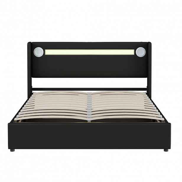 Redom ČALOUNĚNÁ postel 160/200 cm s LED osvětlením, Bluetooth přehrávačem, USB nabíjením a úložným prostorem, Černá