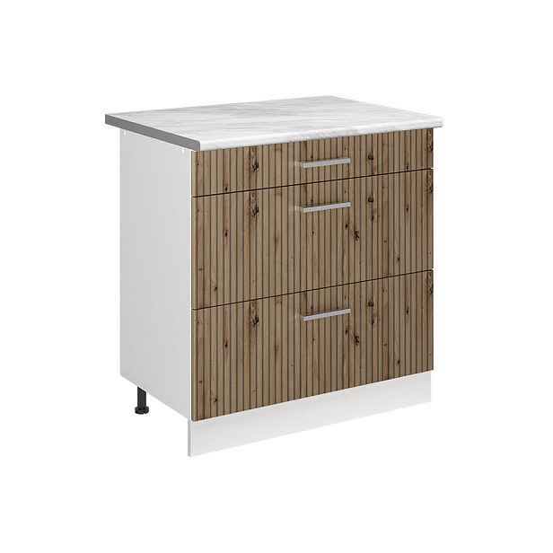 Vicco SPODNÍ SKŘÍŇKA KUCHYŇSKÉ LINKY R-Line, Řemeslný dub/Bílá, 80 cm se 3 zásuvkami pracovná doska Mramor