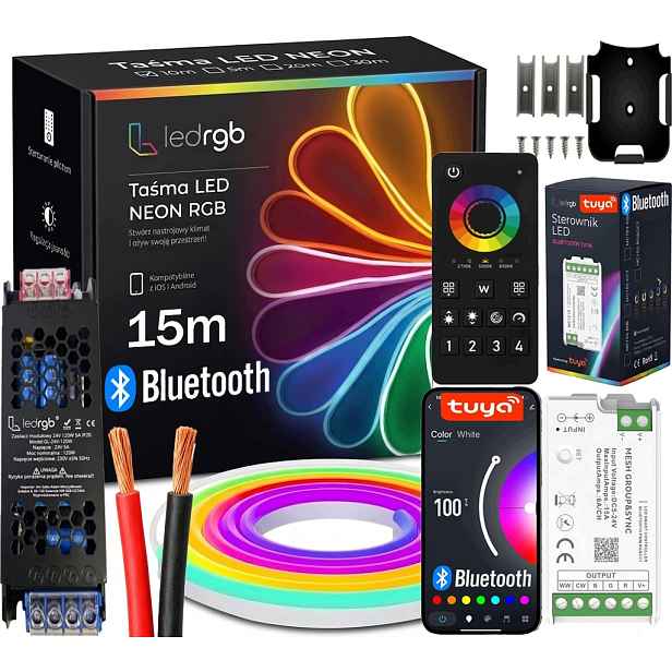 Set Led Páska Neon 15M Rgb 1x15m Aplikace Bt Tuya Dálkový Ovladač Napájecí Zdroj Montáž