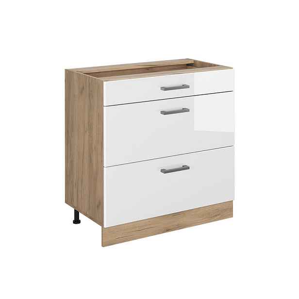 Vicco SPODNÍ SKŘÍŇKA KUCHYŇSKÉ LINKY R-Line, Bílá vysoký lesk/Zlatý mocný dub, 80 cm se 3 zásuvkami bez pracovní desky