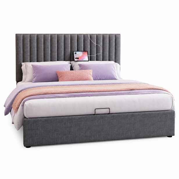 CHICFURN ČALOUNĚNÁ POSTEL 140/200 cm v šedé barvě s úložným prostorem, LED a USB-C