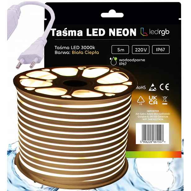Set Led pásek Neon 220V 230V 5m 3000K Bílý Teplý Napájecí Zdroj IP67 120/m