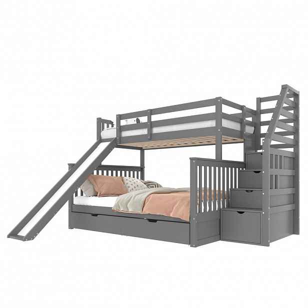CHICFURN PATROVÁ POSTEL 90/200 cm & 140/200 cm v šedé barvě se skluzavkou a zásuvkami