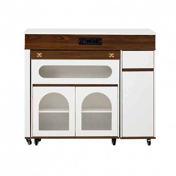 OKWISH KUCHYŇSKÝ ostrůvek 187,5/110,5/95,5 cm bílá a ořechová z MDF s výsuvnou deskou a zásuvkami