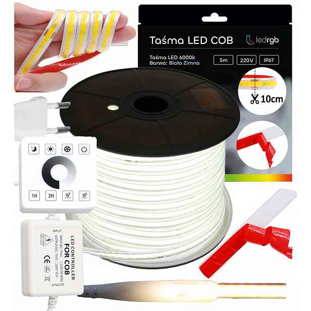 Set Led Pásek Cob 5m 230V Bílý Studený 6000K 10CM Řezání Ovladač Dálkový Ovladač