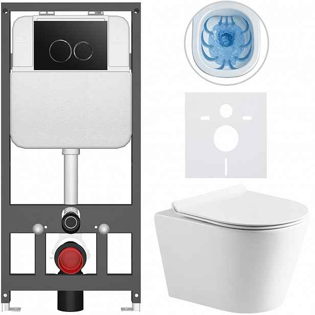 Kompletní WC set Basic/Carlito - bílá lesklá - WC tlačítko Dualo/Černá - závěsné - předstěnová instalace - 48,5x36,5 cm