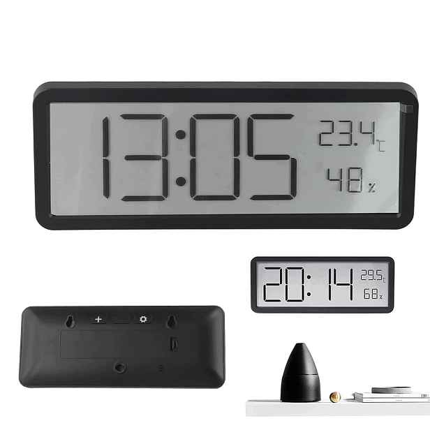 Nástěnné hodiny s LCD obrazovkou, černé, s vlhkostí do pokoje i kanceláře