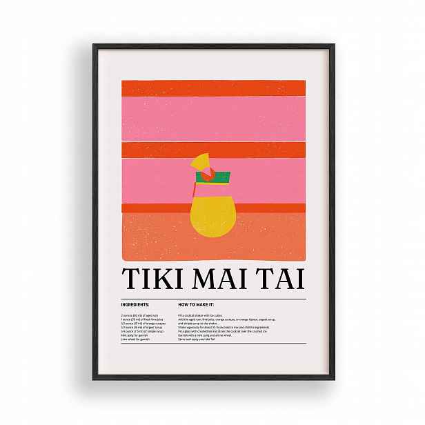 Obraz Koktejl Tiki Mai Tai Plakát Rámeček Dřevěný Černý 30x42 cm