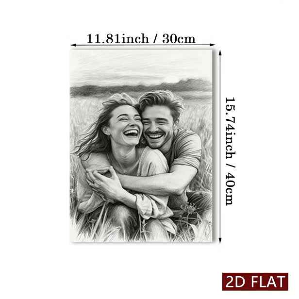 TEMU 2D Plochý, 1 ks Personalizovaná vlastní fotografie páru na uhelnou - Černobílý skicový styl páru Bezrámový plátěný plakát, 2D Plochý, Tisk,