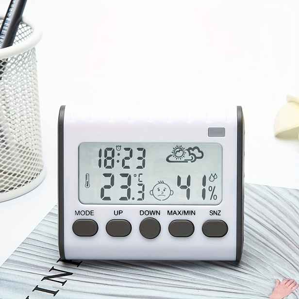 TEMU Magnetické hodiny s monitorováním počasí, zobrazující počasí, teplotu a vlhkost, elektronické hodiny s přepínáním Fahrenheita/ a funkcí odložení