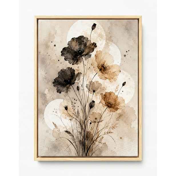 Obraz Rám Americký Box Akvarel Příroda Květiny Máky Béžová Hnědá Boho 60x80