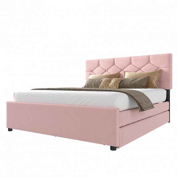 Redom ČALOUNĚNÁ postel 140/200 cm s výsuvným lůžkem a lamelovým roštem, knoflíkové čelo, Růžová