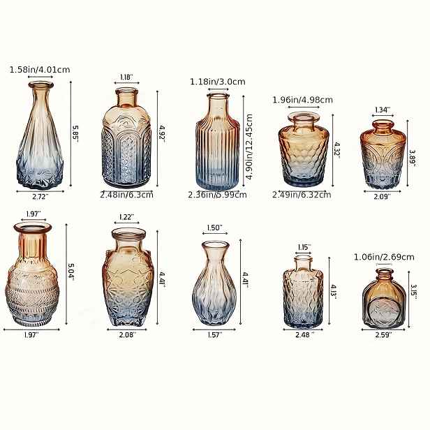 TEMU 10ks Zlatá a modrá skleněná váza s přechodem - Elegantní váza ve tvaru válečku pro svatbu, Vintage Bohemian domácí doplňky s květinovými vzory,