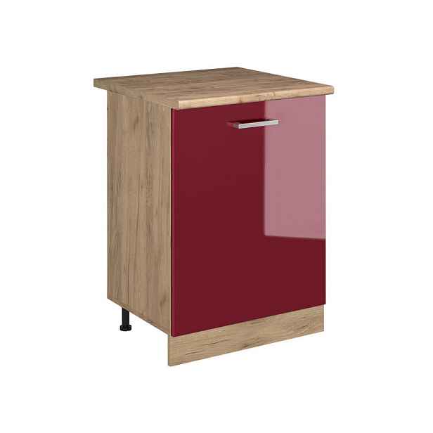 Vicco SPODNÍ SKŘÍŇKA KUCHYŇSKÉ LINKY R-Line, Červená vysoký lesk/Zlatý mocný dub, 60 cm s 1 dveřmi pracovná doska Dub Goldkraft