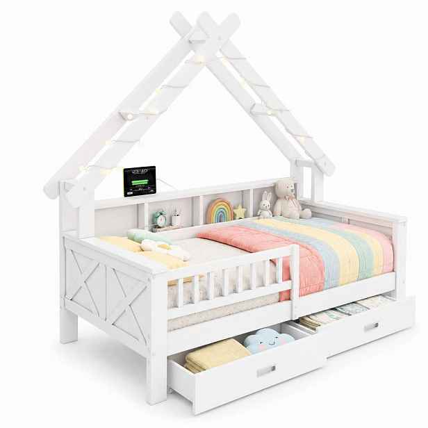 CHICFURN DOMEČKOVÁ POSTEL 90/200 cm v bílé barvě s LED, policemi a 2 zásuvkami