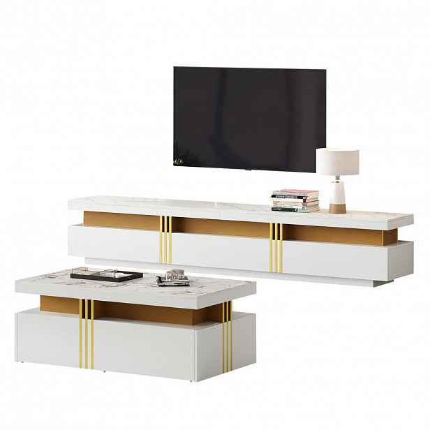 OKWISH TV stolek 200/40/42 cm bílý z dřevotřísky s mramorovým dekorem a úložným prostorem
