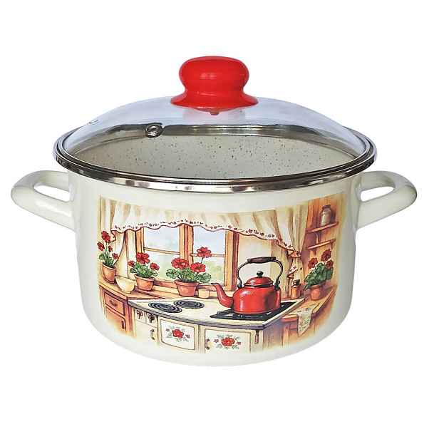 PROHOME - Hrnec smalt se skleněnou poklicí 14cm, 1,5L Rustika
