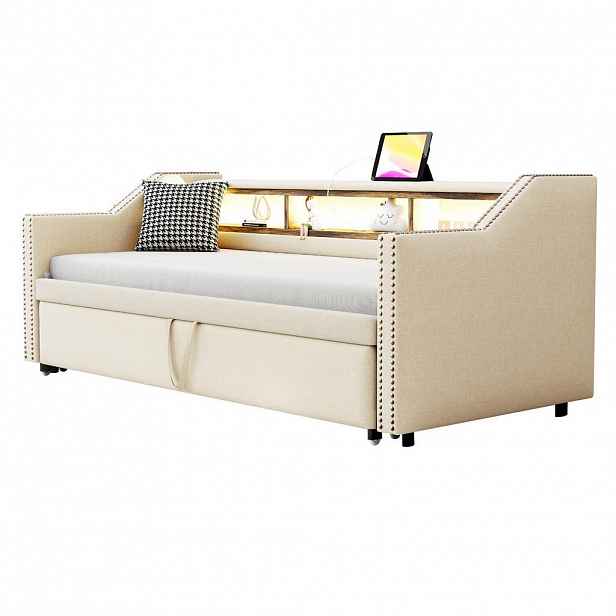 Redom POSTEL 90/190 cm výsuvná na 180/190 cm s úložnými kapsami, LED osvětlením, USB portem a lamelovým roštem, Béžová