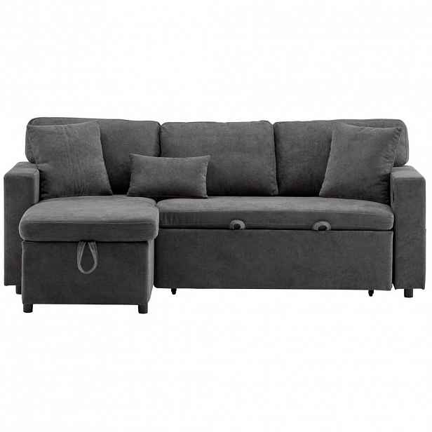 OKWISH ROZKLÁDACÍ rohová sedací souprava 214/131/87 cm tmavě šedá z oxfordské látky s USB a úložným prostorem