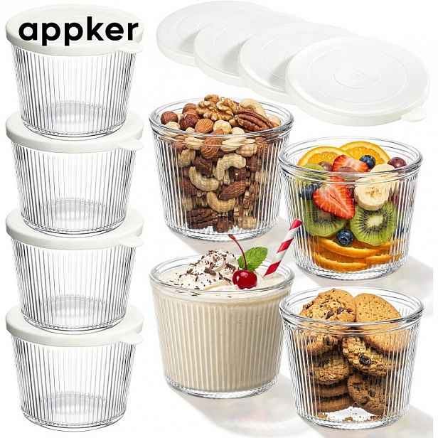 TEMU APPKER Sada 4/6/8 ks Malých Skleněných Mise s Krytem, 200 ml, Průhledné Žebrované Skleněné Nádoby, Stohovatelné, Vhodné pro Dezerty, Pudinky,
