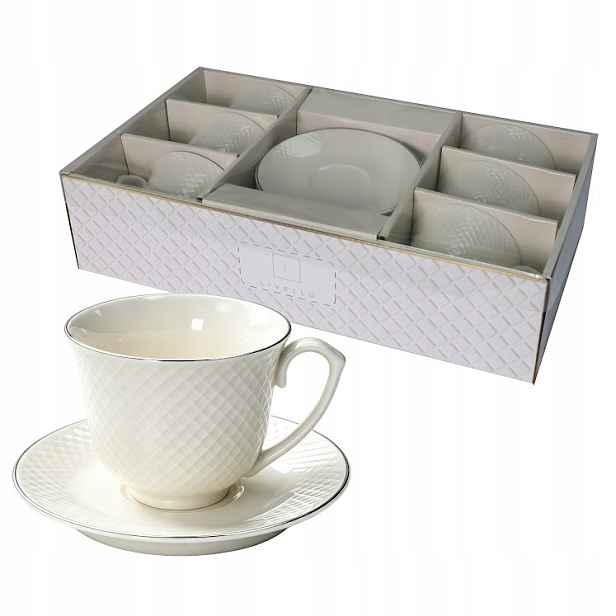 Porcelánové šálky Diamante 250 ml 6 ks Podšálky 14 cm Bílo stříbrné MR6-11