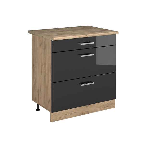 Vicco SPODNÍ SKŘÍŇKA KUCHYŇSKÉ LINKY R-Line, Antracitový vysoký lesk/Zlatý mocný dub, 80 cm se 3 zásuvkami pracovná doska Dub Goldkraft