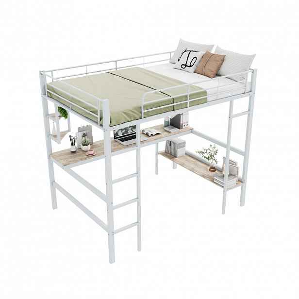 CHICFURN VYVÝŠENÁ POSTEL 140/200 cm v bílé barvě s psacím stolem a policemi