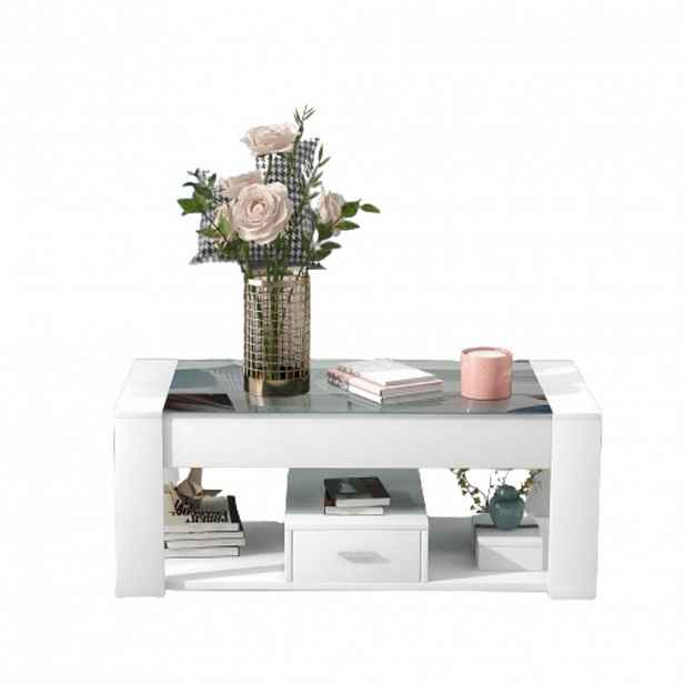 OKWISH KONFERENČNÍ stolek 100/50/40 cm bílý z dřevotřísky se skleněnou deskou a úložným prostorem