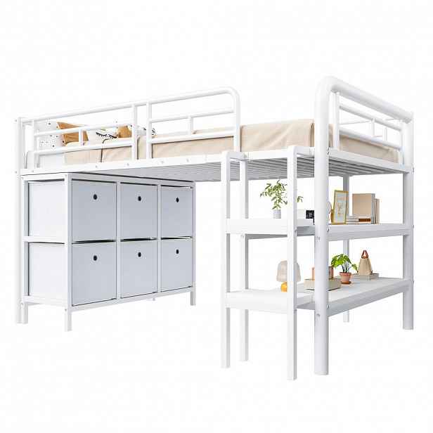 CHICFURN VYVÝŠENÁ POSTEL 90/200 cm v bílé barvě se zásuvkami, policemi a širokými schody