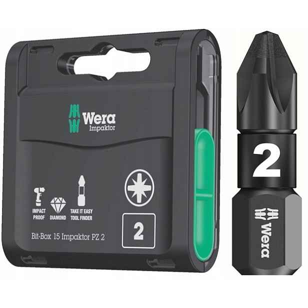 Wera Bit nástavec pro šroubovák PZ2 x 25 mm Impaktor Úderový 15 ks Bit Box