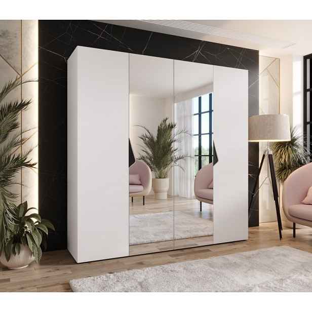 Čtyřdveřová zrcadlová skříň 200 cm AMARIS 2 - bílá / černé úchyty