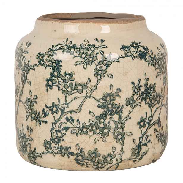 Keramický obal na květináč se zelenými kvítky Gian S - Ø 15*14 cm  Clayre & Eef