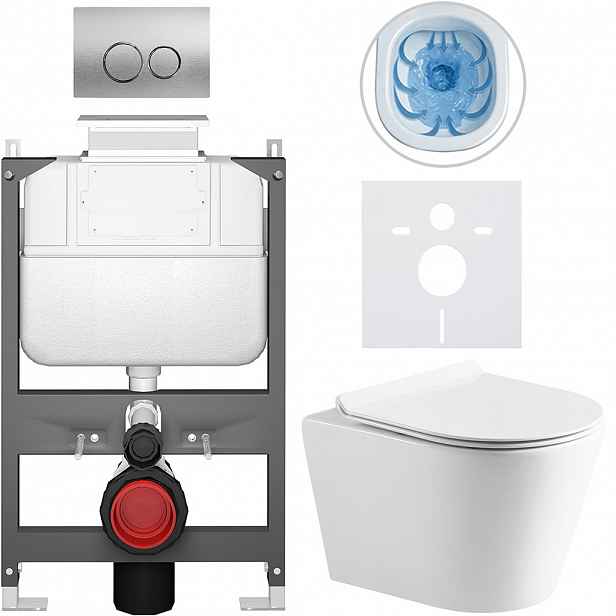 Kompletní WC set Basic/Carlito - bílá lesklá - WC tlačítko Dualo/Stříbrná - ovládání shora - předstěnová instalace - 48,5x36,5 cm