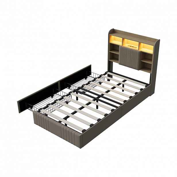 SHOPENTRA ČALOUNĚNÁ postel 90x200 béžová, imitace lnu, 2 zásuvky, USB