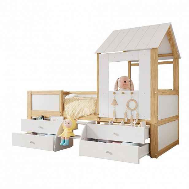 CHICFURN DĚTSKÁ POSTEL 90/200 cm v bílé a přírodní barvě se 4 zásuvkami